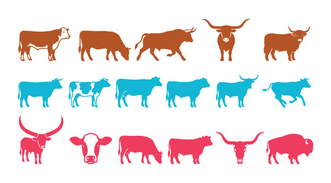 Collection of cattle and bison silhouettes with livestock farming food production livestock