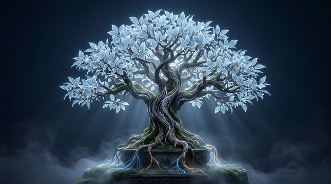 Radiant tree of life with glowing roots and divine blue aura for spiritual connection and ecology