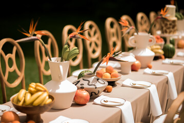 Editorial tropical tablescape with sculptural ceramics bird of paradise flowers and sunlit fruit styling for sophisticated outdoor entertaining © Nele