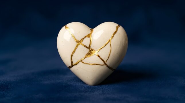 Broken white porcelain heart repaired with gold kintsugi technique for emotional healing resilience and soul restoration concept
