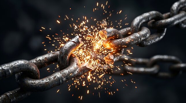 Breaking iron chain with sparks for freedom liberty and overcoming obstacles success power concept art