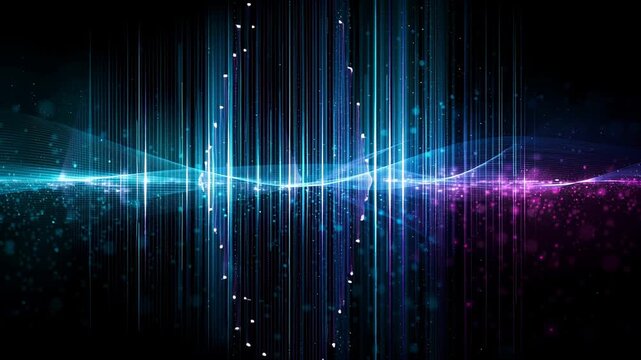 Digital audio visualization and sound wave concept, an abstract equalizer with vibrant blue and purple light bars moving dynamically against a dark, black background. This visual effect is projects re