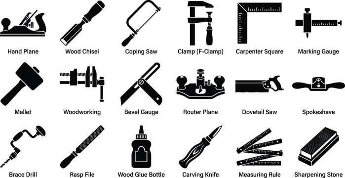 A professional black monochrome flat vector icon set featuring specialized woodworking hand tools and carpentry equipment isolated on a white background