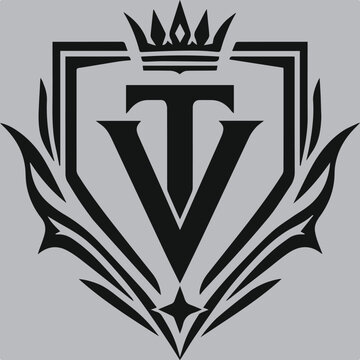 Monogram Emblem with Crown and Laurel: A stylized black monogram emblem featuring the letters TV is crowned with a royal crown and flanked by laurel branches.