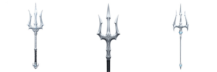 Mythical Silver Trident Spear Set Isolated PNG: Fantasy steel three-pronged harpoon, royal neptune weapon graphics, sea god poseidon pike for game asset design © kulan