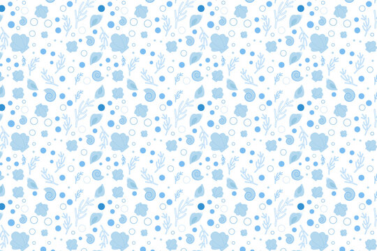 Patron vectorial de mar, oceano, conchas de mar, coral y burbujas.
