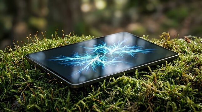 Futuristic transparent tablet with tech interface and autumn leaves for sustainable technology and digital innovation concept
