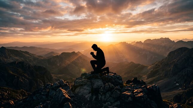 Man kneeling in prayer on mountain top at sunset for faith spirituality and divine connection concept
