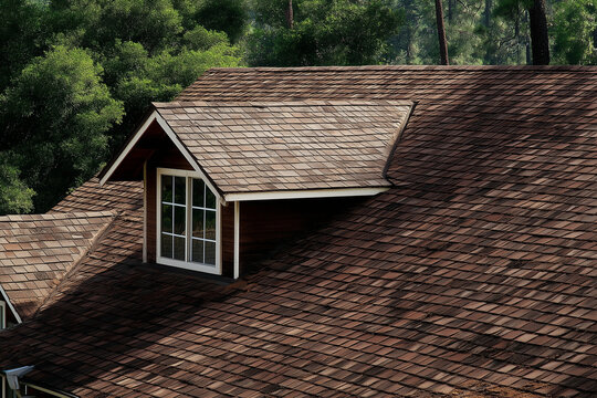 Brown shingle roof with dormer window among green trees