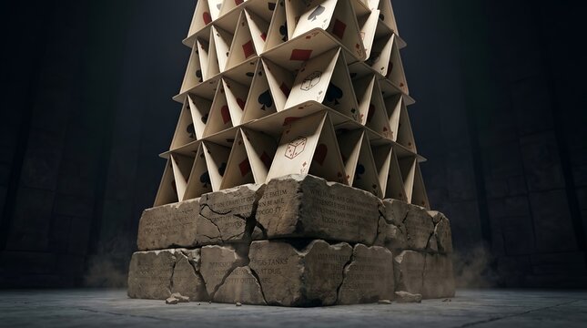Intricate house of cards tower built on solid stone base for stability and fragility business strategy concept
