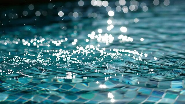 Relaxation and wellness concept, a close up view of a sparkling blue water surface in a swimming pool. The scene captures the tranquil movement of water with bright sunlight reflections and a soft bok