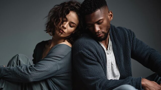 The studio portrait highlights feelings of unhappiness and stress, making it editorial content on mental health, relationship conflicts, or social issues. The moody lighting and casual attire emphasiz