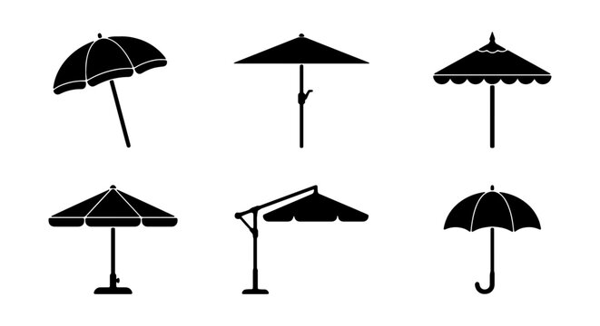 Set of black silhouettes of various umbrellas, including beach, patio, cantilever, and rain umbrellas