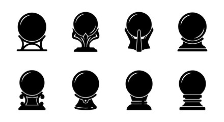 Set of crystal ball icons, fortune teller magic spheres on various stands © SUFIA