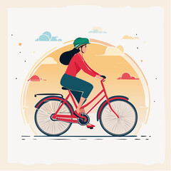 Fototapeta premium Woman Riding Bicycle with Helmet at Sunset