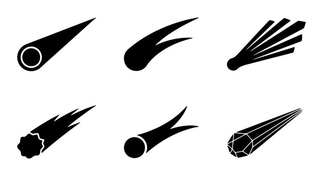 Set of comet icons, meteor symbols, falling stars with tails