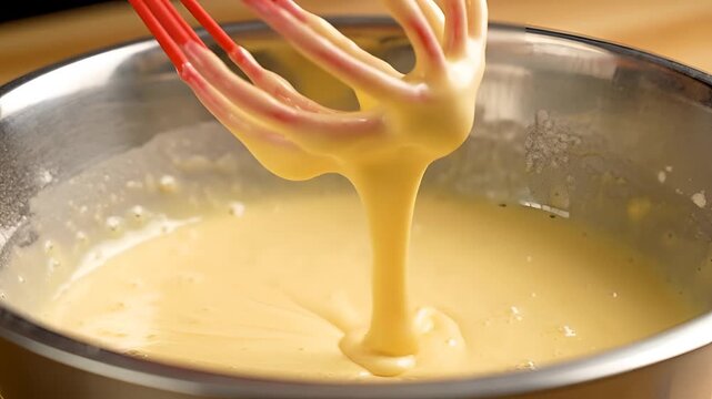 Closeup of a red whisk mixing a creamy yellow batter in a stainless steel bowl.