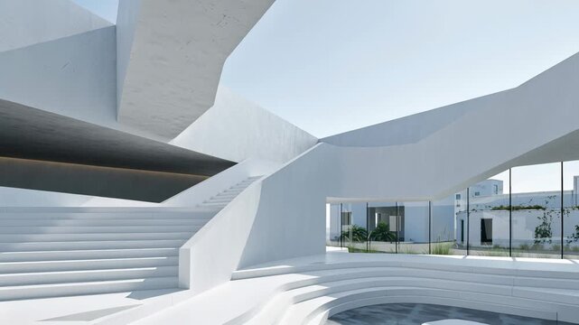 Futuristic architecture and modern design concept. This empty white interior features curved walls, multiple skylights, and a reflective floor, creating a bright and spacious atmosphere. The minimalis