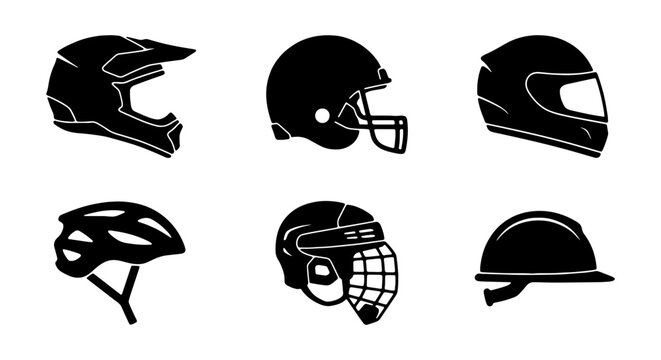 Set of various protective helmets for sports and construction work