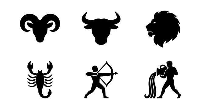 Set of zodiac signs icons, astrology symbols, aries, taurus, leo, scorpio, sagittarius, aquarius