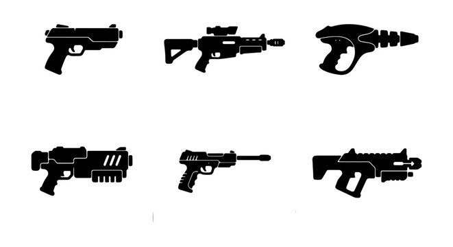 Set of futuristic weapon icons, scifi guns and blaster silhouettes