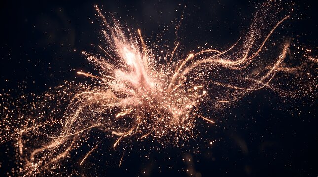 A dynamic rose gold particle explosion occurs in a dark space with vibrant sparks flying outward.
