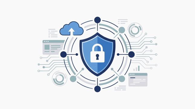 Stock Vector: Cybersecurity Shield with Lock, Cloud Upload and Digital Circuit Icons