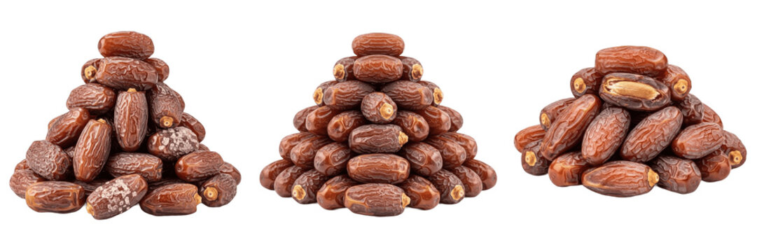 Three piles of dried date fruits stacked in pyramids isolated on white background for ramadan kareem, healthy snack packaging, and middle eastern food design. 
