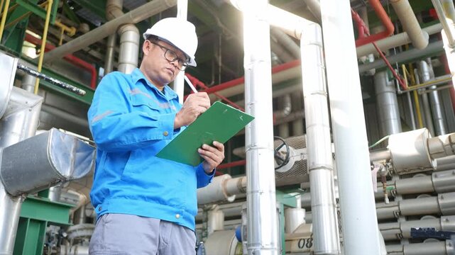 Experienced refinery engineer inspecting equipment and overseeing industrial processes inside a chemical plant, illustrating engineering precision, safety standards, and process optimization.