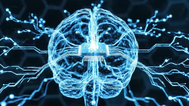 Holographic wireframe human brain with an embedded AI microchip suspended inside, visualizing brain-computer interface, neural augmentation, and artificial intelligence integration