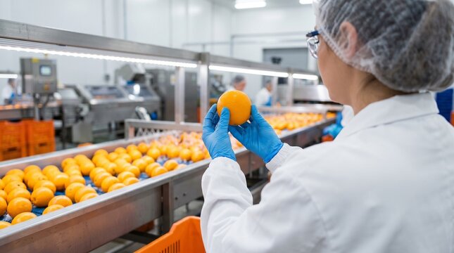 Inspetora de qualidade examinando uma laranja fresca na linha de produ&ccedil;&atilde;o de uma f&aacute;brica de alimentos moderna
