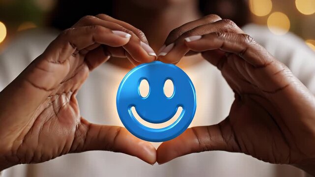 Close up of hands forming a heart shape around a glossy blue smiley emoticon held between fingers against warm bokeh lights, conveying joy, connection and positive emotion