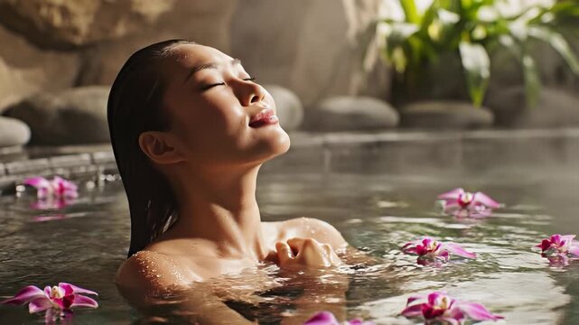Woman relaxing in a spa pool with floating orchids, eyes closed and shoulders submerged, warm sunlight and steam against natural stone for a peaceful wellness moment