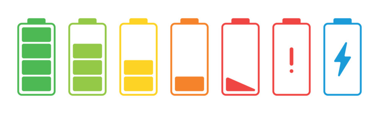 Colorful battery charge indicators with full, medium and low energy levels, warning notification and lightning symbol icons for mobile applications, websites and technology interfaces