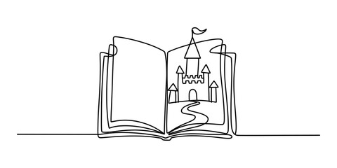 Obraz premium Continuous single line drawing of an open book with a fantasy castle and a winding path inside the pages showing a magical story concept art Vector, illustration
