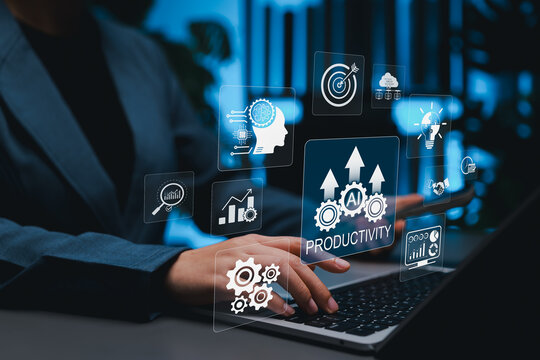 AI productivity automation and business workflow optimization concept. Professional using laptop with growth arrows, analytics, target, cloud, brain icons. intelligent task management, efficiency