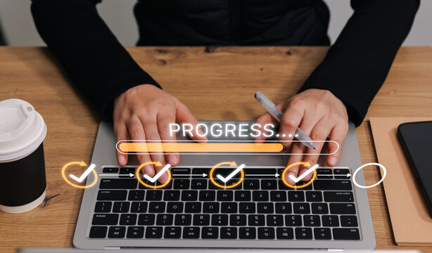 Project progress tracking and task completion workflow concept. Person using laptop with virtual progress bar, check marks, checklist, steps showing productivity, process management, and task planning