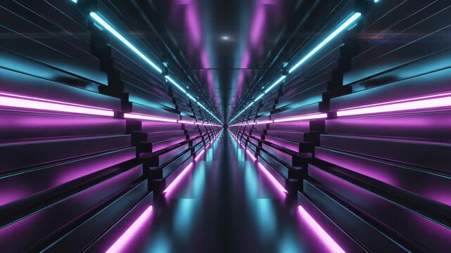 Symmetrical neon-lit futuristic corridor with reflective metallic walls, converging vanishing point and vibrant cyan and magenta light strips creating a cyberpunk depth effect