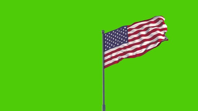 USA National Flag Waving Animation on Green Screen in 4K Seamless Loop Alpha Ready. Suitable for chroma key compositing and easy background removal for transparent alpha channel workflows