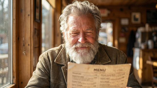 Smiling senior man with beard reading restaurant menu
