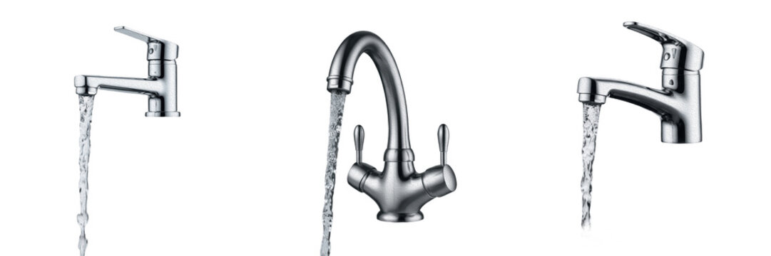 Modern chrome water taps set with running liquid stream stream isolated on white background for kitchen and bathroom plumbing hardware advertisement. (149 characters)