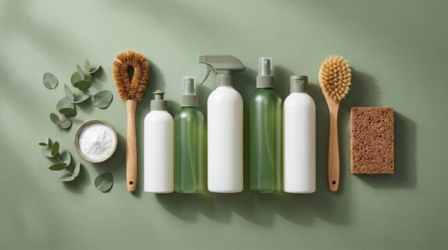 Eco-friendly cleaning supplies and accessories laid out on a soft green background, promoting sustainable living.