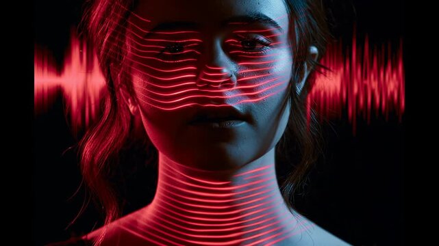 Artificial intelligence voice recognition and biometric data concept. A woman s face is illuminated with red sound waves and facial scan lines against a dark background, symbolizing advanced technolog