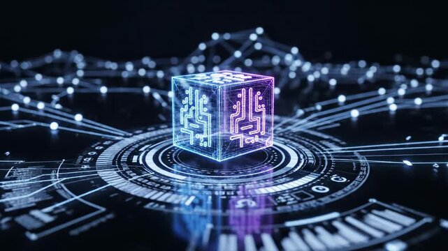 Glowing holographic cube with circuit patterns projected on a circular digital interface, amid neon blue-purple network nodes and rings representing AI data flow.