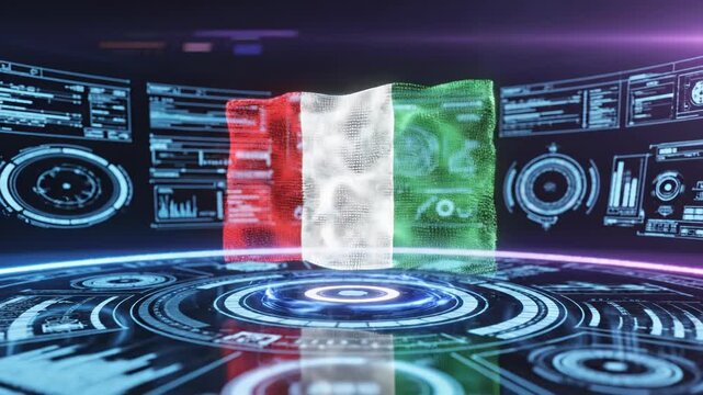 Holographic Italian flag projected in a futuristic circular HUD control room with glowing neon data displays, radial floor interface and immersive virtual analytics