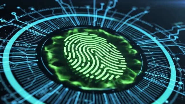 Futuristic biometric fingerprint authentication interface with glowing neon green fingerprint centered in a circular digital HUD, surrounded by blue circuit traces and data rings