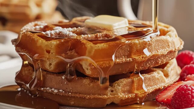 Stack of golden Belgian waffles topped with melting butter and dusted with powdered sugar, steaming as rich maple syrup pours over the layers beside fresh raspberries