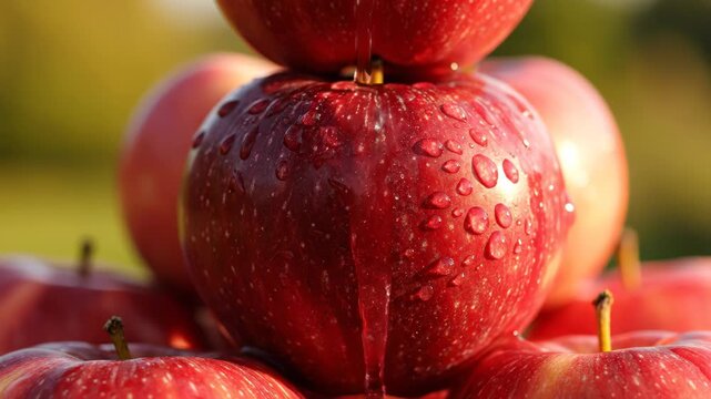 Close-up macro of stacked glossy red apples covered in water droplets and morning dew, glistening in sunlight with a blurred outdoor orchard background showing freshness, ripeness