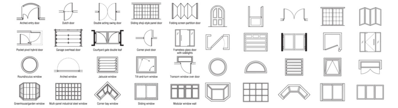 Architectural Door and Window CAD Symbols Set Technical Line Drawings for Plans and Blueprints