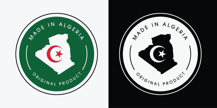 Made in Algeria with a map label design for product packaging and an authentic product label.